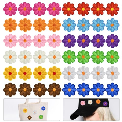 VCRANONR 48 Stück Blumen zum Aufnähen, 4,2x4,2cm Gänseblümchen Stickerei Aufnäher, Flicken Sticker zum Aufbügeln auf Stoff, DIY Aufnäher Bügelflicken Blumen Bügelbild, Dekoration Bestickte Patches