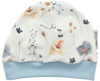 Kleine Könige Mütze Baby Mädchen Beanie · Modell Gräser Wiesenblumen weiß, hellblau · Ökotex 100 Zertifiziert · Größe 74/80