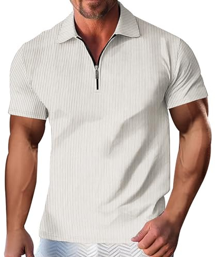 DUHGBNE Lässiges und modisches, einfarbiges, kurzärmeliges T-Shirt mit gestreiftem und Reißverschluss für Herren Wortuhr Tank Top Batik (White, L)
