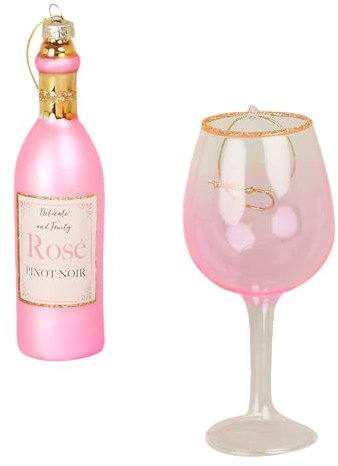 Lot de grandes bouteilles de vin rosé et décorations pour sapin de Noël en verre