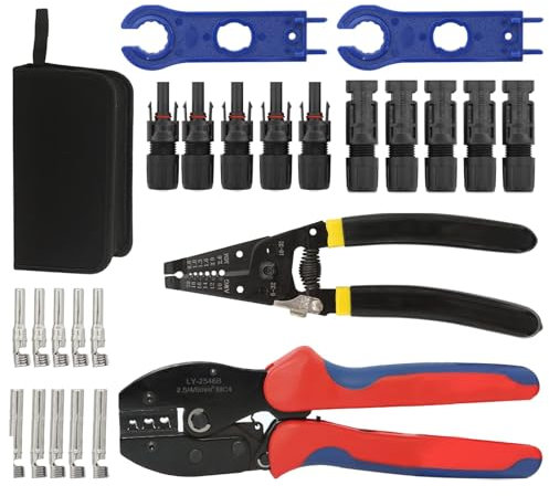 Solar Crimping Tool Kit, Solar Panel PV Cable with Wire Stripper and Cutter, 5 Pairs MC4 Connector, 1 Pair Solar Connector Assembly Tool Spanner for 2.5/4.0/6.0 mm² PV Cables