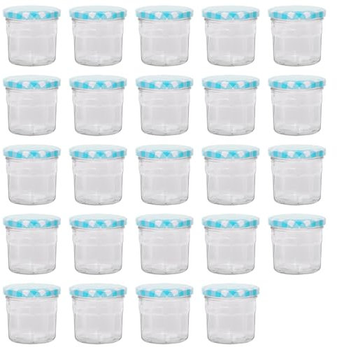 Argon Tableware Glass Jam Jars with Airtight Blue Gingham Lids - 130ml - Pack of 24 - Empty Screw Top Kitchen Storage Jar for Food, Honey, Spice, Pickling, Preserving, Candle Making