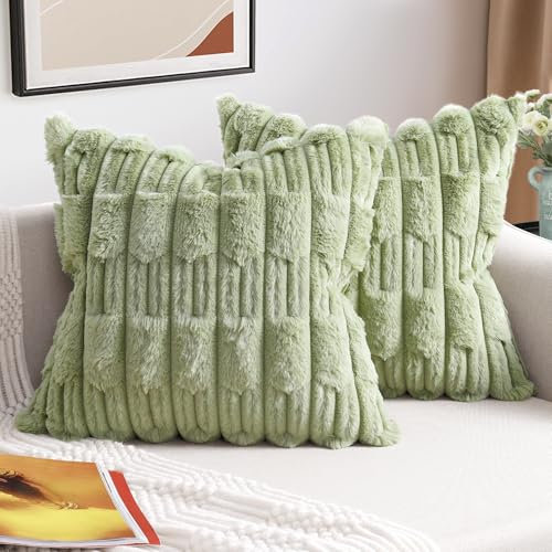 ZWJD 2er Set Grün Kissenbezug 40x40 Kunstpelz Plüsch Kissenbezüge Weiche Kissenhülle Flauschig Dekokissen Moderne Kissen Deko für Wohnzimmer Sofa Schlafzimmer Auto Dekor Sofakissen 40 x 40cm