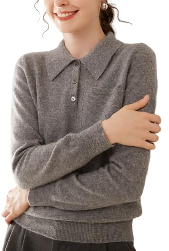 DISSA Women's Collared Long‑Sleeve Knit Cashmere Wool Jumper,UK 6-14 | Weekend stroll,light plain knit,classic lapel collar,functional side pockets,soft touch,elastic yarn,loose silhouette