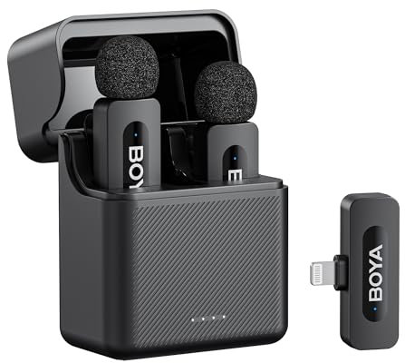 BOYA BY-V3 Micrófono inalámbrico para iPhone, Android, mini micrófono, 36 horas de uso, cada TX 9h, cancelación de ruido, 328 pies, micrófono Lavalier USB-C, modo silencio, micrófono de solapa