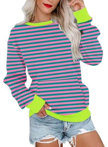 WNEEDU Sweatshirt Damen Rundhalsausschnitt Langarmshirts Herbstoutfits Lässig Bluse Damen mit Känguru Tasche Strisce Verde rosa L