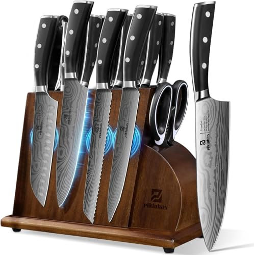 Kitchen Knife Sets with Block, 17 Pcs Knives Sets with Magnetic Wooden Holder, Damascus Pattern Sharp German Stainless Steel Knives, Chef Professional Cooking Knife Set with Sharpener Steak Knives