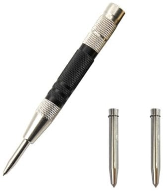 GCFTIFF Automatic Center Punch for Metal,Spring Loaded Center Punch Tool with 2 Extra Replacement Tip,Handed Spring Puncher for Wood,Plastic,Stainless Steel (6'' Black)