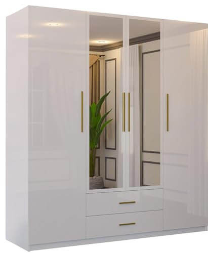 High Gloss & Mirror Hinged Wardrobe with Shelves, Drawer & Hanging Rail (White, 160cm)