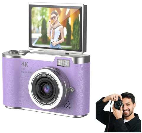 4K Foldable Screen Student Camera, Point and Shoot Digital Cameras with 32GB TF Card, Portable Camera FHD 48MP 4K Digital Camera with 8X Zoom Anti-Shake with Flip Screen (Purple, Camera Body Only)