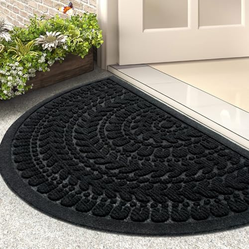 RORA Half Circle Door Mat Front Door Mat Outside Entrance Black Welcome Mats Indoor Outdoor Semicircular Doormat for Outdoor Half Round Door Mats for Garage Muddy Paws 17”x30”
