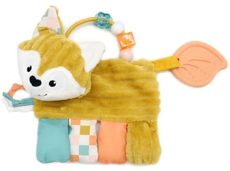 LES DÉGLINGOS, Aktivitätsrassel Cyranos der Fuchs, Baby Krabbelspielzeug mit Beißring, Senf, 17 cm