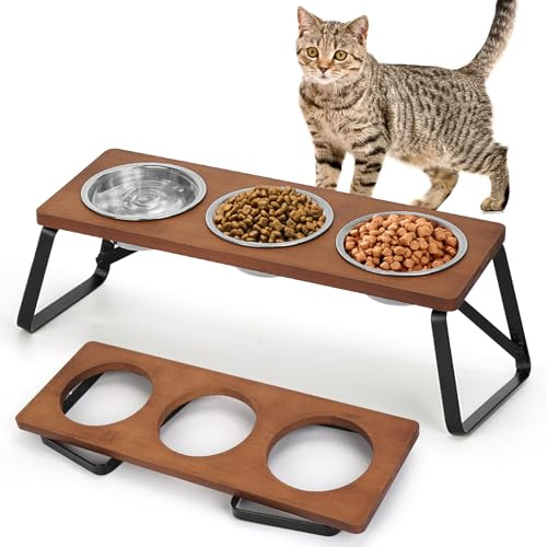 VAlinks Foldable Raised Cat Bowls Holder 3 Stainless Steel Dog Cat Feeder 15 °Tilt Elevated Pet Water Food Bowls for Cats Puppies Rabbits