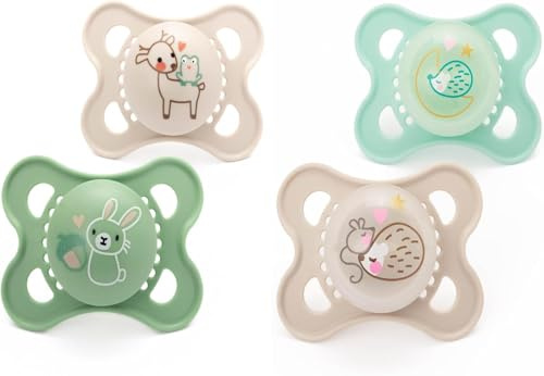 MAM Original Day & Night Soothers | 0-6 Months | 4 Pack | Includes 2X Glow in The Dark Dummies | Orthodontic Design | Baby Accessories | Pink (Various Designs)