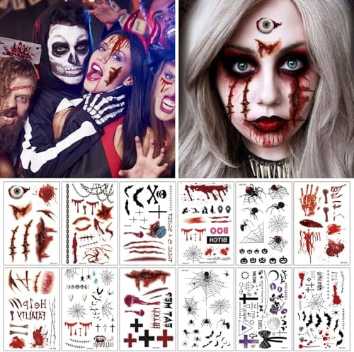 Klebetattoos,12 Stück Halloween Tattoo,Gesichtstattoo,Tattoo Aufkleber,Teufel Gesicht Aufkleber,Halloween Face Sticker,Gruselig Narben,für Karneval,Fasching,Mottoparty