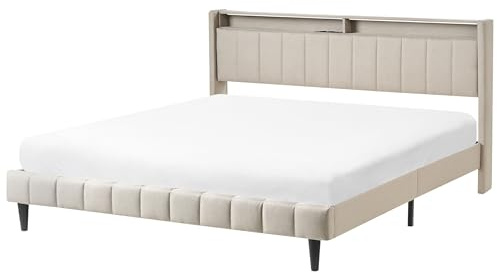 Beliani Upholestred Fabric EU Super King Size Bed 6ft with Storage Headboard with USB LED Lights Beige Beaulieu