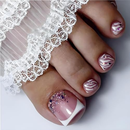 Stick On Toenails, Short Square French Toe Nails, Pink And Mauve Stripes | Reflective Flakes And Gem-Like Details, Coordinated Pedicure Design For Everyday Wear, Parties, Weddings And Events