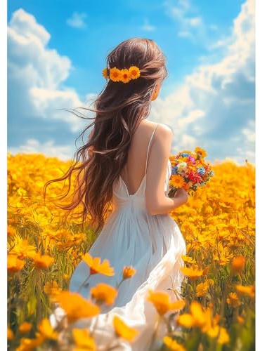 NEWENMO 5D Elegante Dame Diamond Painting Bilder Erwachsene,Gelbe Blumenfeld Diamant Painting Bastelset,DIY Landschaft Diamant Malerei Kit,für Anfänger Hausgeschenk Familie Deko Geschenk-30x40cm