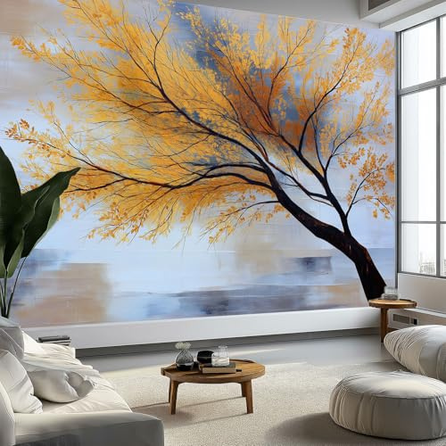Automne Arbres Branches Textures Papier Peint Panoramique 300(L) x 210(H) cm, Papier Peint Intissé Poster Geant Mural Personnalisé Art Abstrait Peinture Murale Tv Pour Salon Chambre Décoration