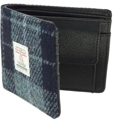 Harris Tweed Slim Wallet for Men, Genuine Scottish Tweed, Various Traditional Patterns (Grey/Black Tartan)