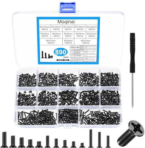 890 Stück M2 M2.5 M3 Schrauben Set, Kleine Flachkopfschrauben, Kreuzschlitz Senkkopfschrauben Set, Gewindeschrauben Maschinenschrauben Sortiment für Computer Laptop PC Schrauben Set