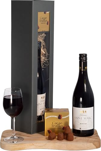 InterHamper | Red Wine and Chocolate Gift Set with Saint Marc Merlot Wine and Marc de Champagne Truffles in Stylish Gift Box