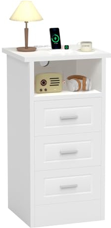 Oyajia Weißer Nachttisch Mit DREI Schubladen, 40 X 35 X 76,6 cm, USB-C-Anschluss (2-Polig), Inklusive Led-Streifen, Fernbedienung Und Bluetooth-App