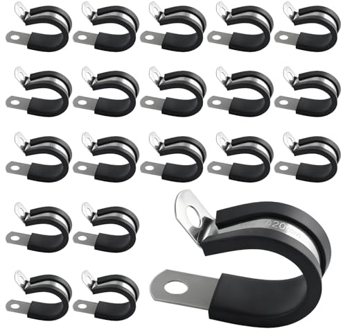 20PCS Stainless Steel Rubber Cushioned R Shape Clamps, Rubber Lined P Clips, 20mm Hose Pipe Clamps, Cable Mounting Hose Pipe Clamp for Cable, Cord, Wire, Tube (20mm)
