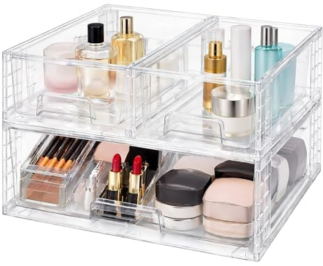 3 Pack Large Stackable Storage Drawers, 38cm Clear Plastic Makeup Organiser for Vanity & Bathroom, Acrylic Drawer Organisers for Undersink, Kitchen Cupboard, Pantry & Wardrobe Storage