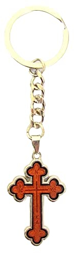 IconsGr Porte-clés religieux chrétien orthodoxe grec avec croix en bois et métal, marron, M