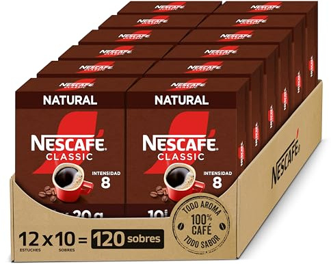 NESCAFÉ CLASSIC NATURAL Café Soluble Pack 120 Sobres | Café soluble natural en sobres, café instantáneo práctico para consumo diario con sabor equilibrado