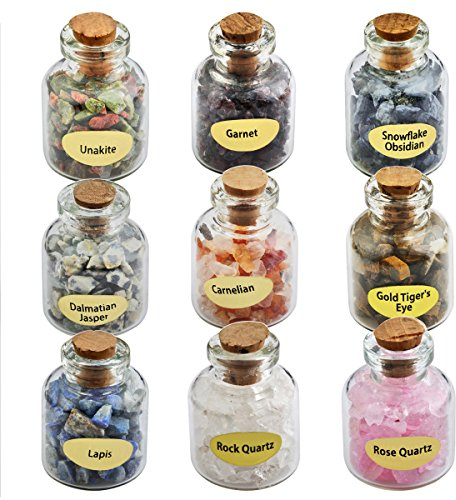 mookaitedecor 9 Stücke Heilstein Kleine Wünschen Flaschen, Mini-Glasflaschen mit Trommelstein Kristall Chips für Heilung Reiki Wicca, Box Kit