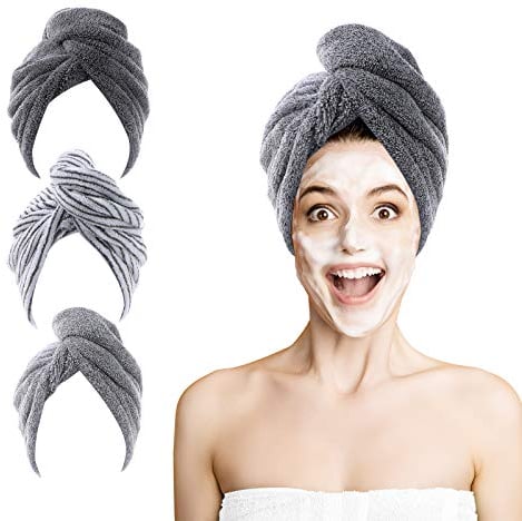 ROSSHINE Microfibre Hair Towel Wrap, 3 Pack Hair Turban Towel 65x25 cm, Soft and Anti Frizz Head Towel, Super Absorbent Quick Drying Curly Hair Towel for Women Girl Wet Long Thick Hair