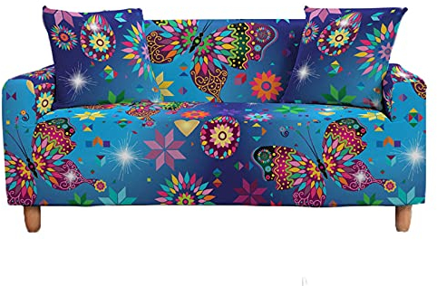 Mateju Sofabezug Sofaüberwürfe 1/2/3/4 Sitzer, Schmetterling Bedruckte L Form Stretch Sofa Abdeckung Antirutsch Couchbezug Sesselbezug für Wohnzimmer Wohnkultur (Bunte Geometrie,4-Sitzer 235-300cm)