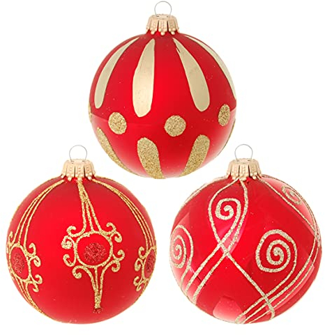 Krebs Glas Lauscha Weihnachtsdekoration/Christbaumschmuck aus Glas - Weihnachtskugeln - Motiv: Rot traditionell - 3 Stück - Größe: ca. 8 cm