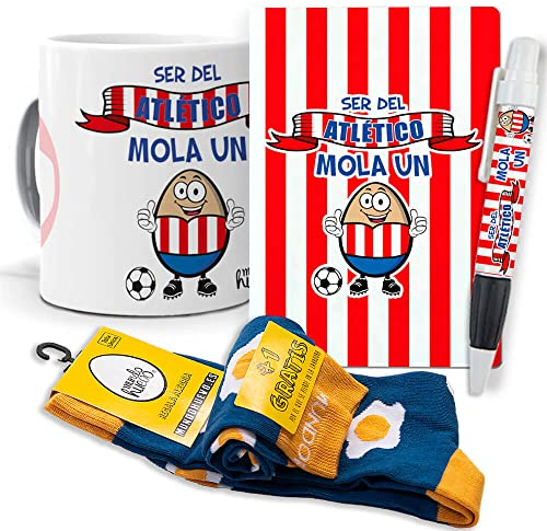 mundohuevo Super Regalo Personalizado y Divertido. Ser del Atletico Mola un Huevo. Taza, libreta, boli y Trio de Calcetines