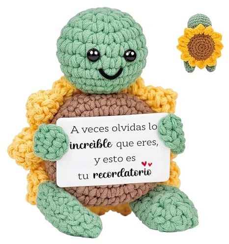 Aurasky Tortuga de Crochet con Girasol – Muñeco de Apoyo Emocional con Mensaje Positivo en Español, Regalo para Cumpleaños, Navidad, San Valentín y Día de la Madre