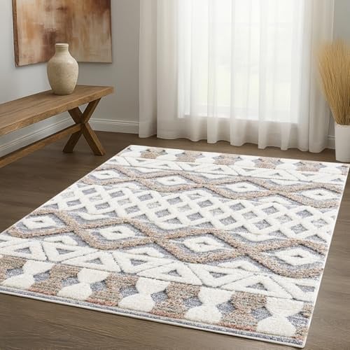 payé Teppich Wohnzimmer Hochflor - 80x150cm - Ethno - Cream Multi - Modern Raute Meliert Muster Skandinavisch Flauschig Wohnteppich Schlafzimmer Dekoration
