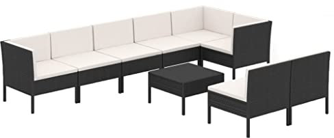 vidaXL Gartenmöbel 9-TLG. mit Auflagen Tisch Mittelsofa Ecksofa Sitzgruppe Lounge Sofa Garten Garnitur Gartenset Gartensofa Poly Rattan Schwarz