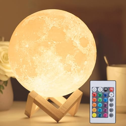 Mydethun 2025 Geschenke für Weihnachten Aktualisieren 16 Farben Mondlampe mit Holzsockel, 18cm LED 3D Mondlicht, Fernbedienung, Nachtlicht, Lampe für Kinder,Mädchen,Schlafzimmer,Heimdekoration