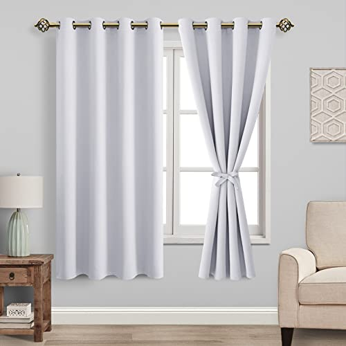 JIUZHEN Blickdicht Vorhänge Kurz Verdunkelungsvorhang mit Vorhang-Krawatten Gardinen Ösenvorhang für Schlafzimmer Wohnzimmer, Grau Weiß, 2 Stück, 137x117cm(HxB)