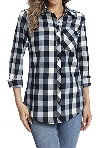 fuinloth Chemisiers et Blouses Femme Chemise en Flanelle Légère à Carreaux et Manches Longues Shirt élégant Tunique avec Poches Bleu M 38-40