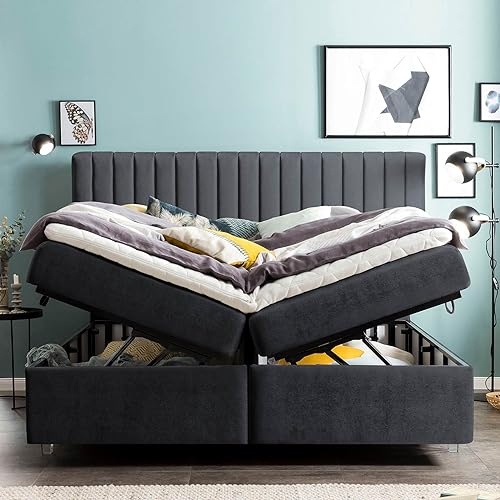 BettCo Boxspringbett mit XXL Stauraum Paris 160x200 Samt, ohne Topper, Hotelbett, 7 Zonen Taschenfederkern-Matratze, Aufbau KOSTENLOS (Schwarz, 160x200 cm ohne Topper)