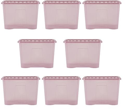 Wham Crystal 8x 80L Plastic Storage Boxes with Lids. Large, Strong (Pack of 8, 80 Litre) Made in the UK (Tint Dusky Orchid)