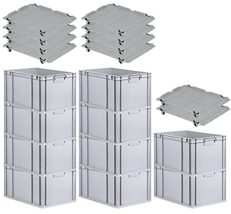 PROREGAL SparSet 10x Eurobox NextGen Grip mit Auflagedeckel & 4 schwarzen Schiebeschnappverschlüssen, HxBxT 32x40x60cm, 65 L, Grau, Griffe geschlossen, Eurobehälter, Transportbox