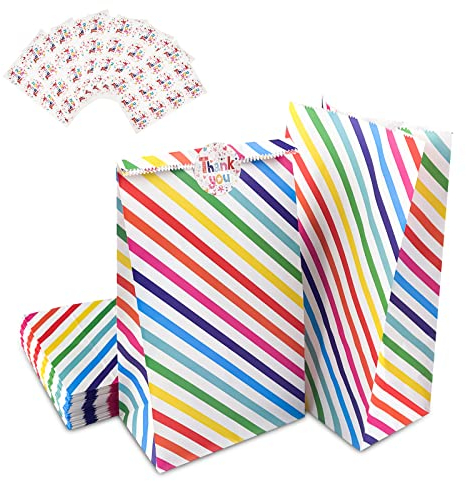 Gvolatee 50 Stück Geschenktüten Kindergeburtstag mit 84 Aufkleber, Candy Papiertüten Bunt, Regenbogen Streifen Geburtstagstüten zum Verpacken Dessert und Mitgebsel, für Geburtstag, Hochzeit, Party