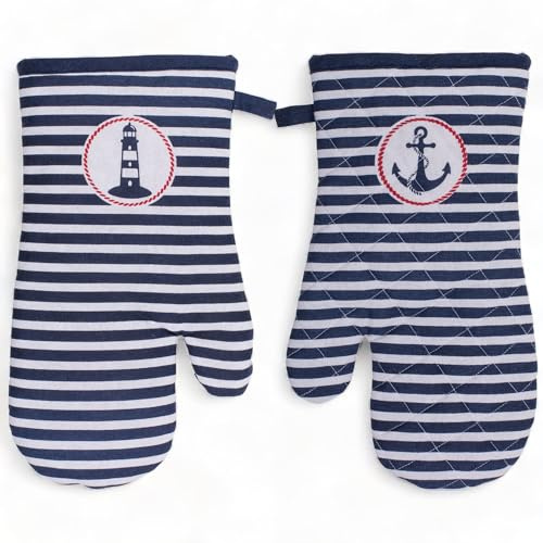 2er-Set Topflappen Topfhandschuhe Ofenhandschuhe hitzebeständig, waschbar, zum Kochen Backen (18x32cm, Gestreift Maritim)
