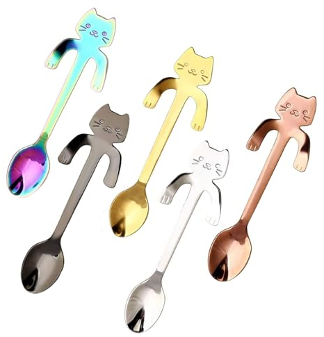 5 Piezas Cucharas de Café con Cabeza de Gato de Acero Inoxidable, Gato de Forma Cuchara de Postre Mini Cucharaditas Cucharas de Café para Café, Postres, Bebidas, Mezclar o Batidos