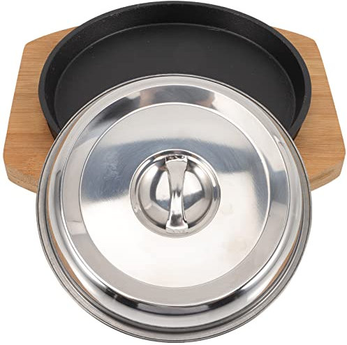 ZAANU Nonstick Frying Pan Cast Iron Fajita Plate Sizzler Pan Set with Wooden Tray Stainless Steel Cover Japanese Sizzling Skillet Steak Plate Pan for Home Restaurant Kitchen 20CM Electri
