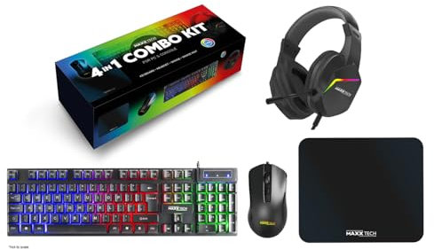 Maxx Tech 4in1 Combo Kit – UK Layout Keyboard with rainbow LED lighting/Optical Mouse/Stereo multiplatform gaming headset with 3.5mm jack + USB/Mouse mat anti-fray cloth, 250x210x2mm